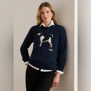 new Ralph Lauren intarsia knit cotton dog sweater in navy Beagle print - petite